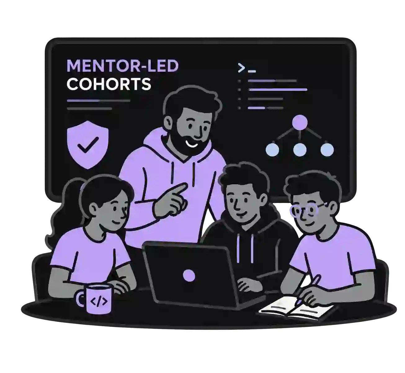Illustration of a mentor guiding cybersecurity students around a laptop